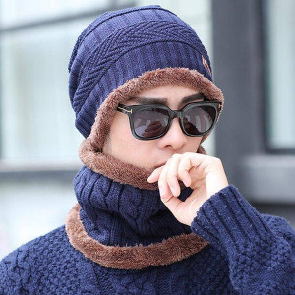 Winter Knitting Skull Cap with Neck Scarf Wool Warm-Man Winter Cap